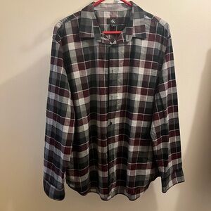Calvin Klein Men's Burgundy, Black & White Plaid Button-Down Shirt